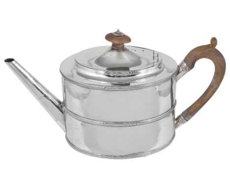 A GEORGE III SILVER TEAPOT, HENRY CHAWNER, LONDON, 1790 plain oval, applied beaded borders and girdle, straight tapering spou