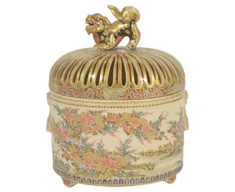 A JAPANESE SATSUMA POT POURRI VASE AND COVER, MEIJI PERIOD (1868-1912) of cylindrical form, painted with flowering shrubs on 