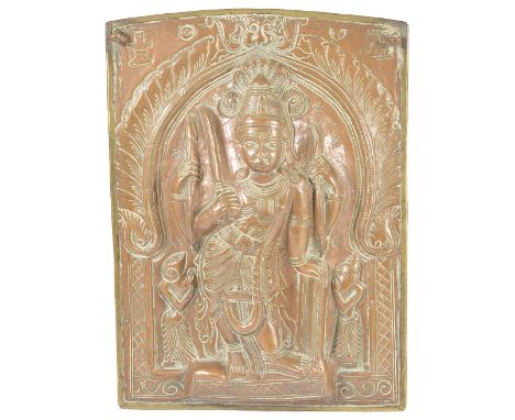 A COPPER REPOUSSE VIRABHADRA PLAQUE, DECCAN, SOUTHERN INDIA, 19TH CENTURY of rectangular form, the four-armed form of Siva in