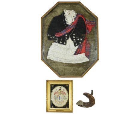 A CHILD'S HIGHLAND COSTUME, 20TH CENTURY the midnight blue velvet jacket and silk tartan sash over a white smock of cutwork a