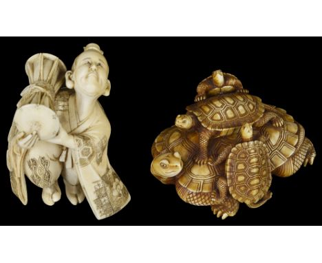 ˜A JAPANESE IVORY OKIMONO NETSUKE OF A GROUP OF TORTOISES, MEIJI PERIOD (1868-1912) carved as three small tortoises crawling 