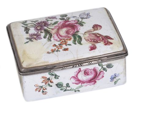 AN ENAMEL SNUFF BOX, GERMAN, MID 18TH CENTURY rectangular, white ground, painted with roses, tulips and other flowers, silver