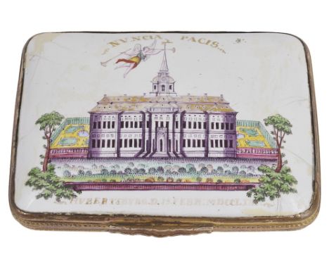 A GERMAN ENAMEL SNUFF BOX COMMEMORATING THE PEACE OF HUBERTUSBERG, BERLIN, CIRCA 1763 cushion form, the lid painted with a vi