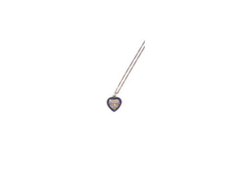 ENAMEL AND SEED PEARL PENDANT, 1900s of open heart design, decorated with purple guilloché enamel set to the centre with a se