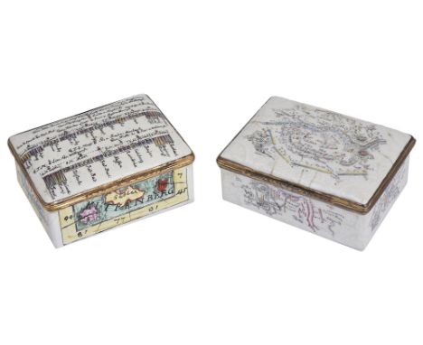 TWO GERMAN ENAMEL SEVEN YEARS WAR COMMEMORATIVE SNUFF BOXES, BERLIN, CIRCA 1765 rectangular, gilt-metal mounts, one with bian