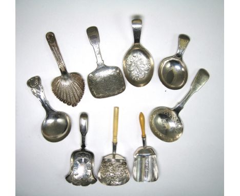 ˜A COLLECTION OF SEVEN SILVER CADDY SPOONS, VARIOUS MAKERS INCLUDING JOSEPH WILLMORE AND COCKS & BETTRIDGE, BIRMINGHAM, 1804-