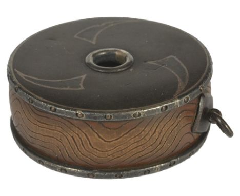 A JAPANESE METAL HAKO-NETSUKE, EARLY MEIJI PERIOD, CIRCA 1880 in the form of a drum, the skins with tomoe-mon in silver and s