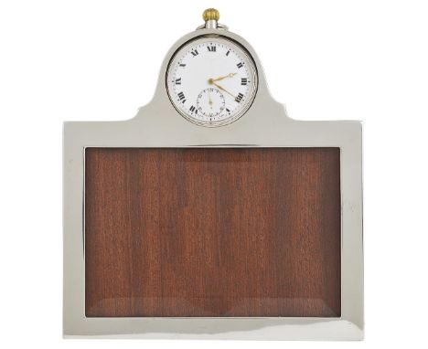 A GEORGE V SILVER NOVELTY PHOTOGRAPH FRAME WITH WATCH, MAKER'S MARK RUBBED, LONDON, 1912 plain domed rectangular, with later 