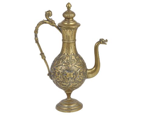 A BRASS REPOUSSE EWER, JAIPUR SCHOOL OF ART, INDIA, CIRCA 1890 of bulbous form, the scrolling spout with makara-head finial, 