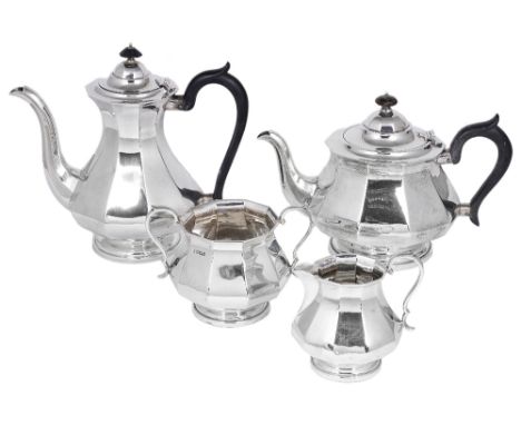 A GEORGE VI SILVER FOUR-PIECE TEA AND COFFEE SET, FORDHAM & FAULKNER, SHEFFIELD, 1912 the otherwise plain faceted baluster bo