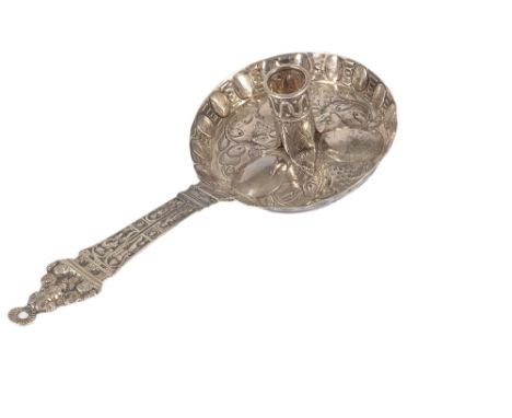 A SILVER 'HISTORISMUS' CHAMBER CANDLESTICK, PSEUDO HALLMARKS, GERMAN, CIRCA 1900 AND POSSIBLY EARLIER the circular pan with e