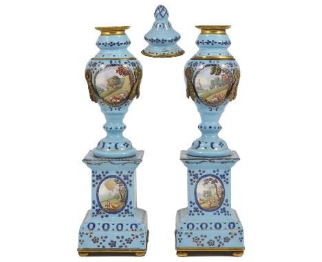 A PAIR OF GEORGE III ENAMEL CASSOLETTES, SOUTH STAFFORDSHIRE, CIRCA 1780 turquoise ground, gilt-metal mounted, the tops to th