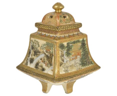 A JAPANESE SATSUMA KORO AND COVER, KINKOZAN, MEIJI PERIOD (1868-1912) flared square, each side painted with figures, temples 