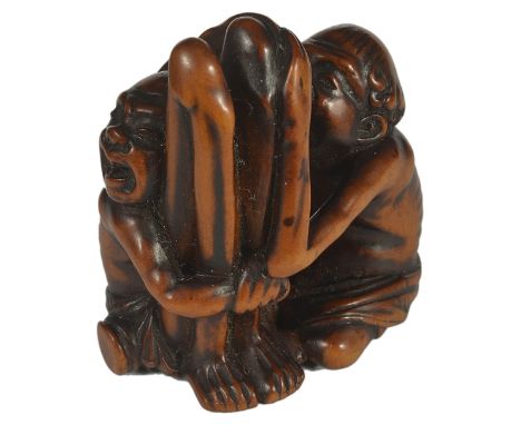 A JAPANESE WOOD NETSUKE OF ASHINAGA AND TENAGA, LATE EDO PERIOD, CIRCA 1820 seated close together, long arm resting on one kn