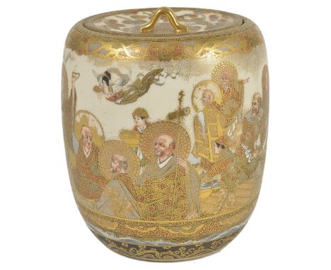 A JAPANESE SATSUMA JAR AND COVER, MEIJI PERIOD (1868-1912) barrel form, painted with a continuous river scene with Kannon sta