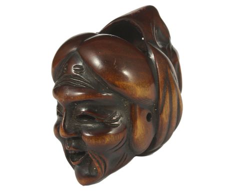 A JAPANESE WOOD MASK NETSUKE OF JO AND UBA, LATE EDO PERIOD, CIRCA 1850 the elderly couple emblematic of conjugal fidelity, s