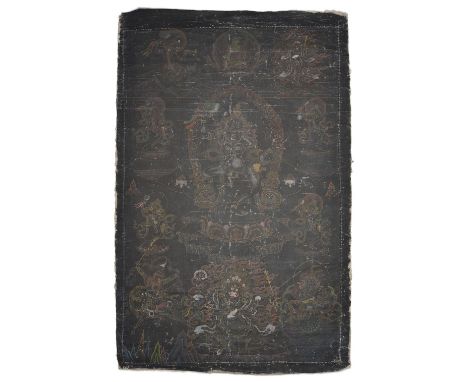 A BLACK GROUND THANG-KA DEPICTING A DAKINI, TIBET, FIRST HALF 20TH CENTURY the goddess dancing on a lotus within a flaming au