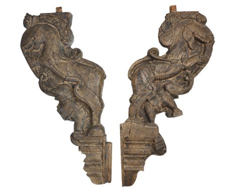 TWO ARCHITECTURAL BRACKETS, PROBABLY AHMEDABAD, GUJARAT, WESTERN INDIA, CIRCA 18TH CENTURY wood, each carved on one side with