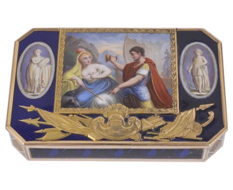 A SWISS GOLD AND ENAMEL SNUFF BOX, SENE & DETALLA, GENEVA, CIRCA 1800 cut cornered rectangular, the lid with rectangular enam