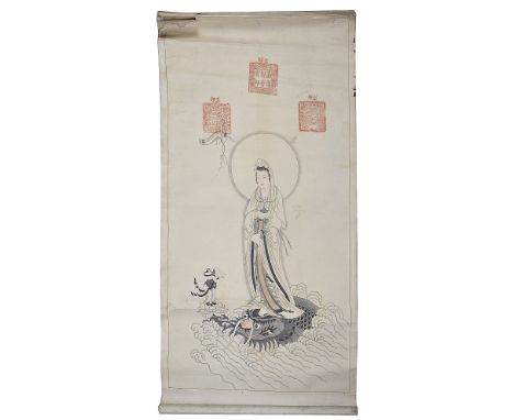 TEN CHINESE SCROLL PAINTINGS, 19TH / 20TH CENTURY comprising: two on silk of birds, pomegranates and chrysanthemum, a paper c