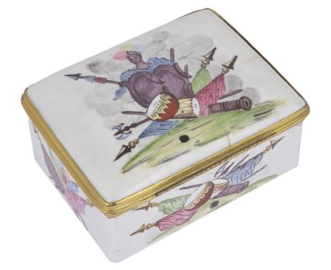 AN ENAMEL SNUFF BOX, GERMAN, CIRCA 1760 rectangular, painted with military trophies, the lid interior with a portrait of Chri
