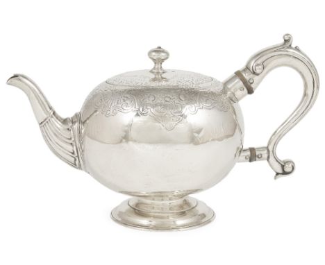 A SCOTTISH GEORGE II SILVER TEAPOT, JAMES KER, ACTING ASSAY MASTER DAVID MITCHELL, EDINBURGH, 1740 bullet form, on spreading 