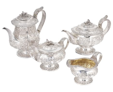 ˜A GEORGE IV SILVER FOUR-PIECE TEA AND COFFEE SET, JOHN, HENRY & CHARLES LIAS, LONDON, 1824  compressed circular, on short pe