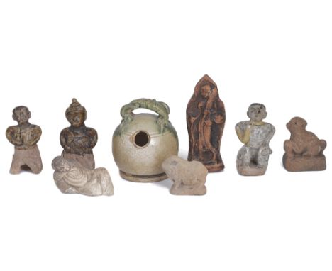 EIGHT POTTERY OBJECTS, SOUTH EAST ASIA AND CHINA, CIRCA 15TH CENTURY AND LATER comprising a Sawankalok round jar with side op
