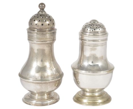 A GEORGE II SILVER PEPPER POT, SAMUEL WOOD, LONDON, 1738 bun top, urn form with reeded girdle, 9cm high; together with anothe