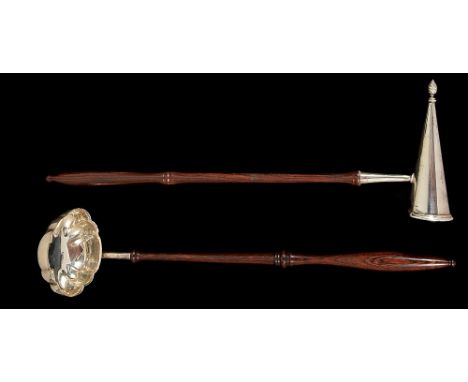 A PAIR OF GEORGE III SILVER SAUCE LADLES, GEORGE WINTLE, LONDON, 1792 Old English pattern, plain; together with a candle exti