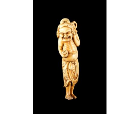 ˜A JAPANESE IVORY NETSUKE OF RYUJIN'S ASSISTANT, EDO PERIOD, CIRCA 1790 carved with an octopus on his head 11.3cm, repair to 