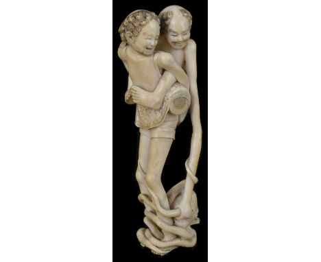 ˜A JAPANESE IVORY SASHI NETSUKE OF ASHINAGA AND TENAGA, MEIJI PERIOD (1868-1912), 19TH CENTURY both carved smiling, Tenaga re