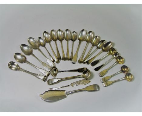 A COLLECTION OF SILVER TEASPOONS AND SALT SPOONS, MAINLY 18TH OR EARLY 19TH CENTURY  comprising: ten assorted 18th century Ha