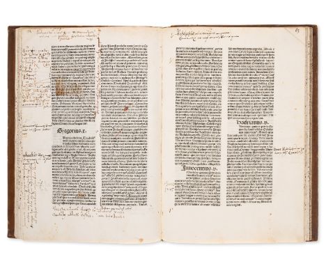 Annotated.- Platina (Bartholomaeus Sacchi) Vitae Pontificum, double column, collation: [a10 b-r6 s8 t6 v8], 128 ff., 54-56 li