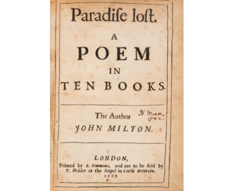 Milton (John) Paradise lost. A poem in ten books, first edition, with title in Pforzheimer's fifth state ('Angel' in imprint 