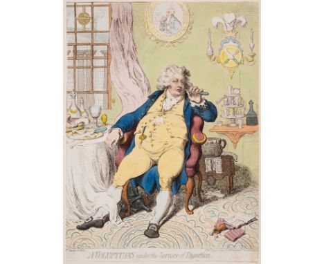 Gillray (James) A Voluptuary Under the Horrors of Digestion, etching and stipple-engraving with original hand-colouring, on w
