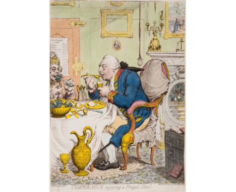 Gillray (James) Temperance enjoying a frugal meal, etching and stipple-engraving with original hand-colouring, on wove paper 