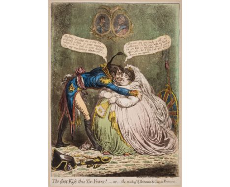 Gillray (James) The first kiss this ten years! - or - the meeting of Britannia &amp; Citizen François, etching and aquatint w