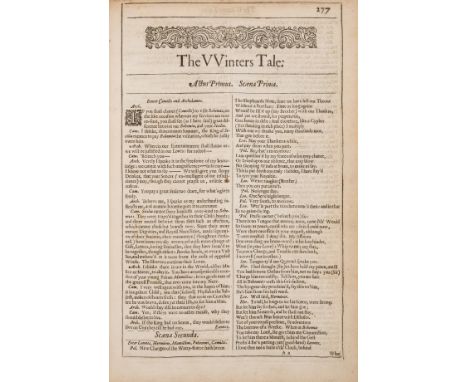 Shakespeare (William) The Winters Tale, from the second folio, the complete play, comprising 14 leaves (pp. 277-303, verso bl