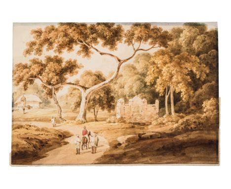 D'Oyly (Charles, 1781-1845) Temple view in India, brush and watercolour over pencil, signed in pencil in the lower right corn