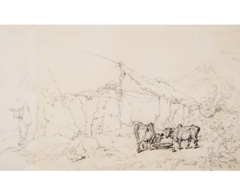 Chinnery (George, 1774-1852) Indian cattle in a landscape, pen and black ink, pencil, variously inscribed in the artist's sho