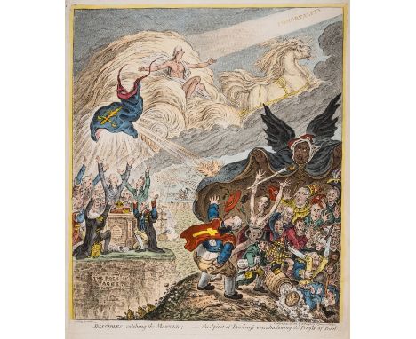 Gillray (James) Disciples Catching the Mantle - The Spirit of Darkness Overshadowing the Priests of Baal, etching with hand-c
