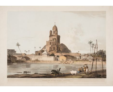 Daniell (Thomas) Govinda Ram Mittee's Pagoda, Calcutta, from Oriental Scenery, etching and aquatint with full hand-colouring,