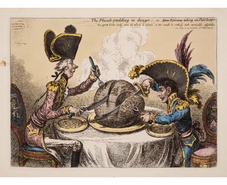 Gillray (James) The Plumb-pudding in danger: -or- State Epicures taking un Petit Souper, etching with hand-colouring, an exce