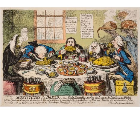 Gillray (James) Substitutes for Bread - or - Right Honorables Saving the Loaves and Dividing the Fishes, etching with origina