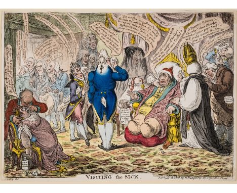 Gillray (James) Visiting the Sick, etching and aquatint with original hand-colouring, on wove paper without watermark, sheet 