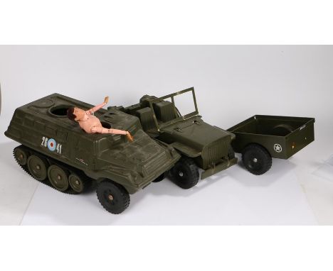 Palitoy Action Man figure,&nbsp; circa 1964, together with a Cherilea half track and a jeep with trailer, (3)