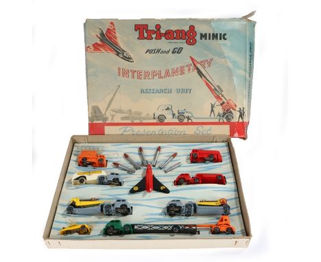 Tri-ang Minic Push and Go Interplanetary Research Unit Presentation Set, consisting of ten metal and plastic vehicles- two ar