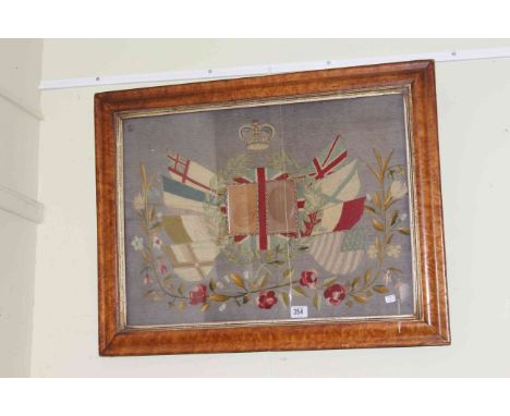 Embroidered Trapunto with Panopoly of International Flags and military portrait photos, in maple frame, 54cm by 69.5cm overal