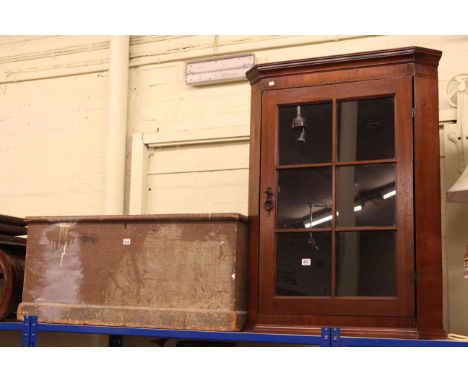 Inlaid mahogany glazed panel door corner wall cupboard and pine trunk (2)